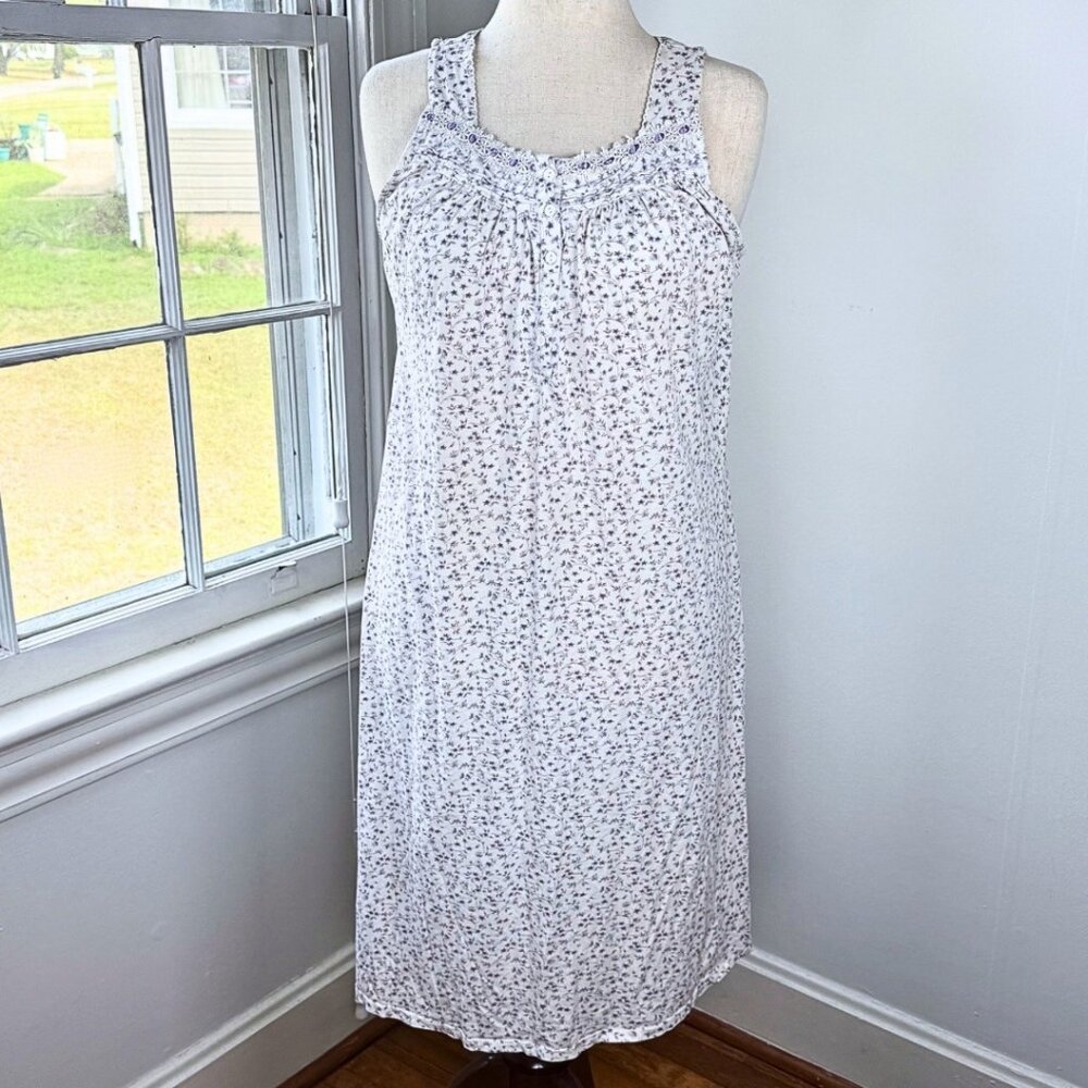 Vintage Y2K Bobbie Brooks Cotton White Nightgown Ditsy Floral Medium Purple Lace